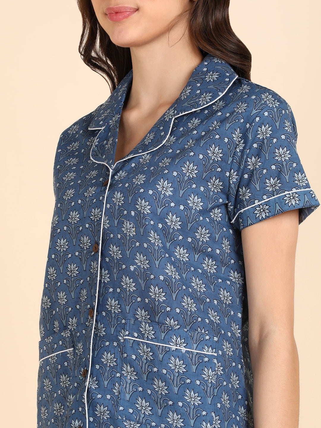 Pure Cotton Printed Night Suit Short Set - Blue