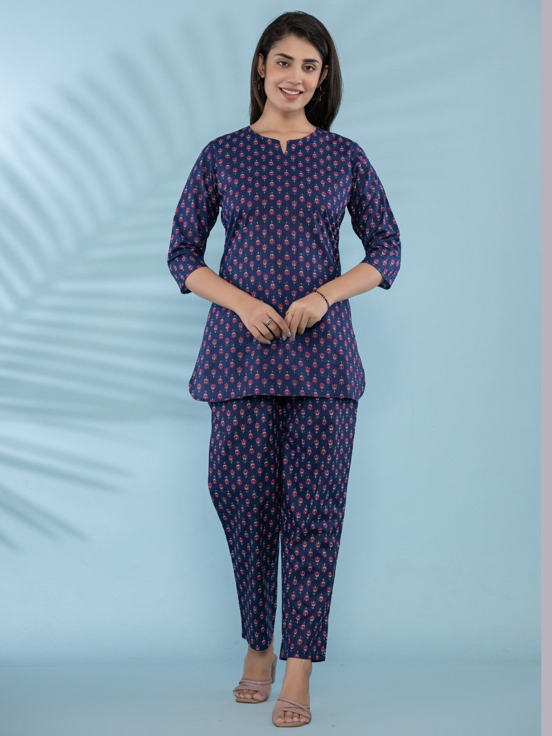Floral Print Pure Cotton Lounge Set  - Blue Booti