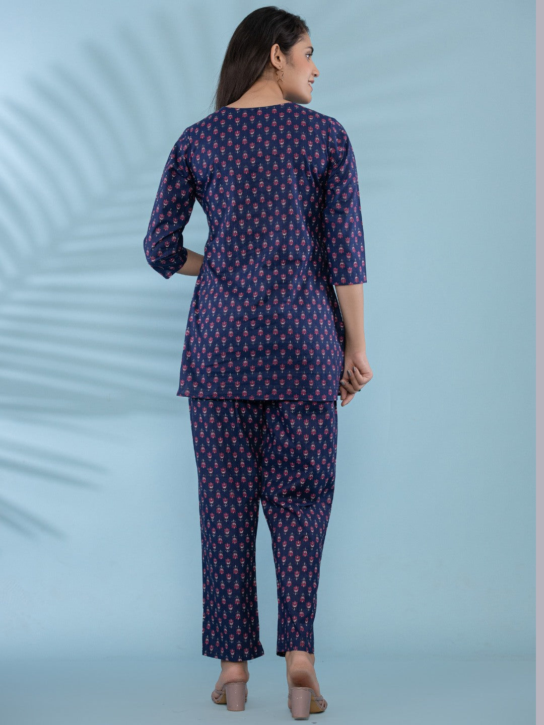 Floral Print Pure Cotton Lounge Set  - Blue Booti