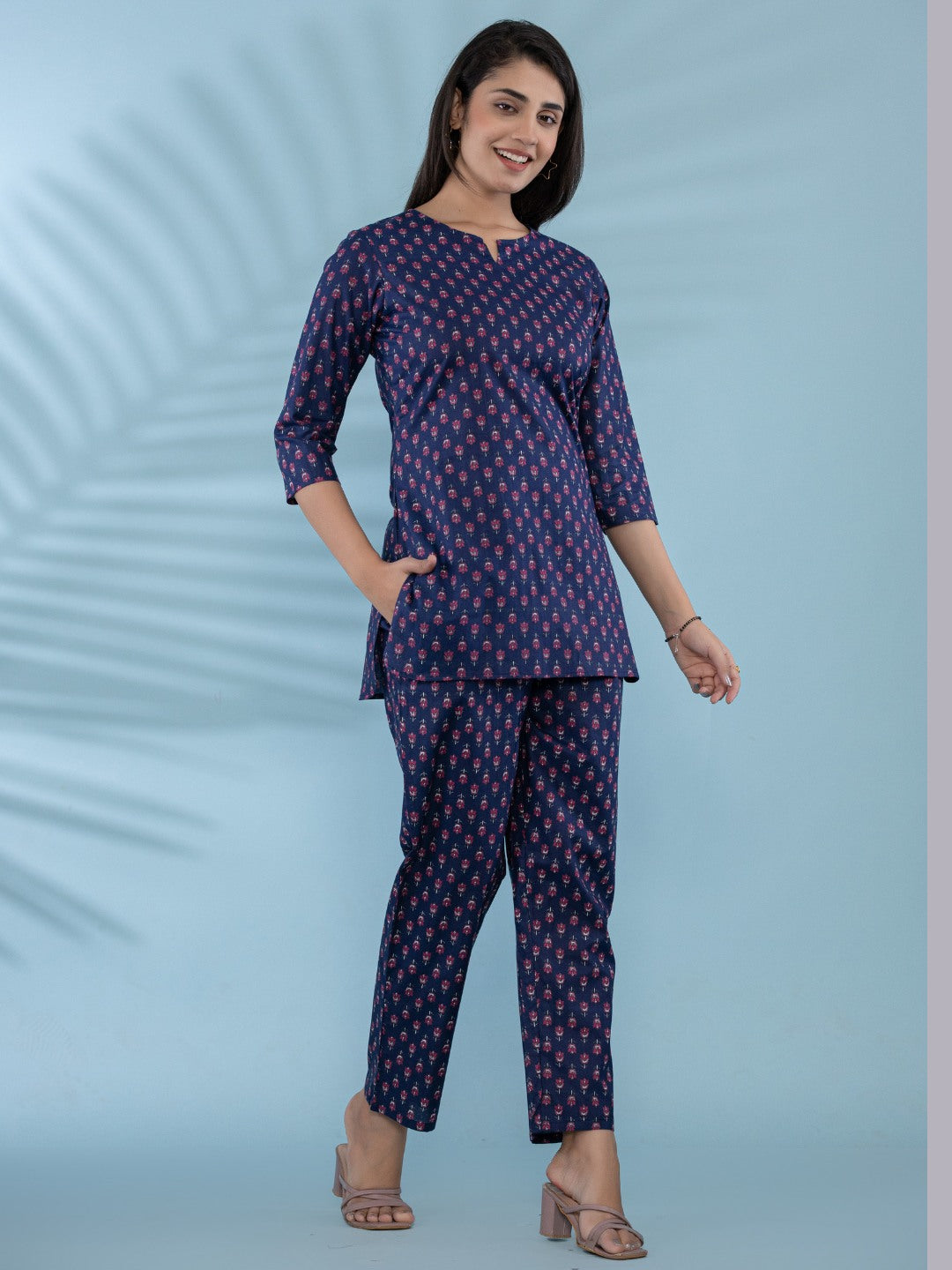 Floral Print Pure Cotton Lounge Set  - Blue Booti
