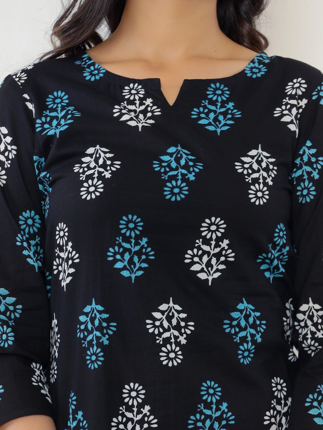 Floral Motif Print Pure Cotton Lounge Set - Black