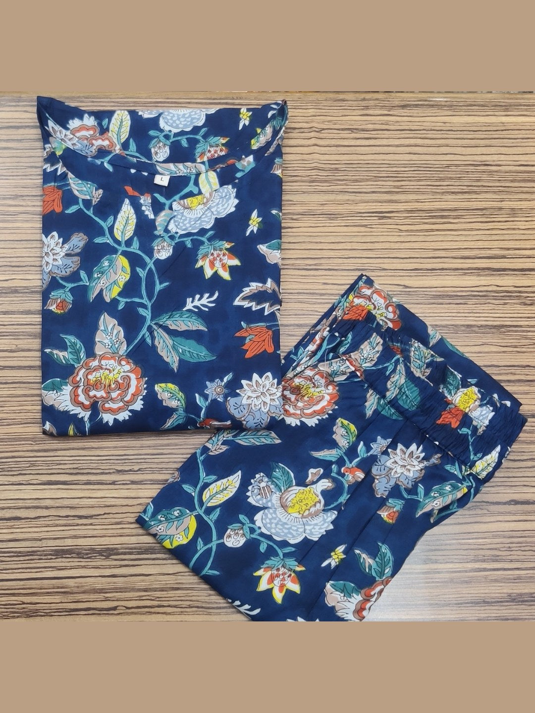 Floral Print Pure Cotton Lounge Set - Blue