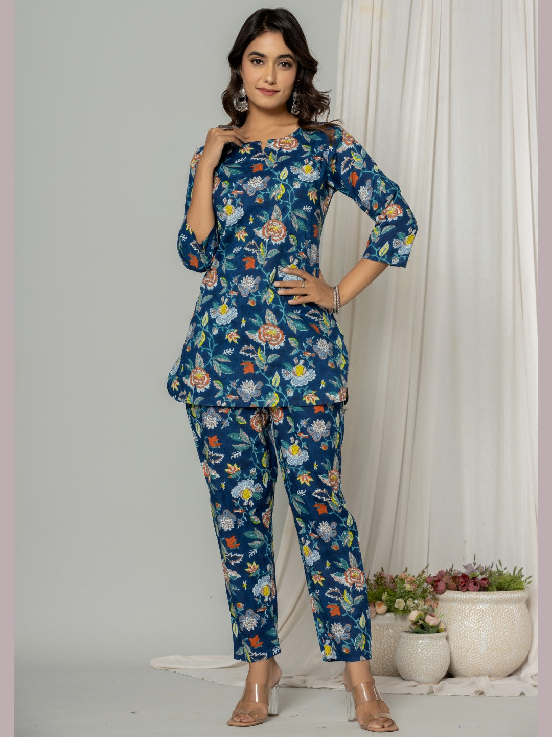 Floral Print Pure Cotton Lounge Set - Blue