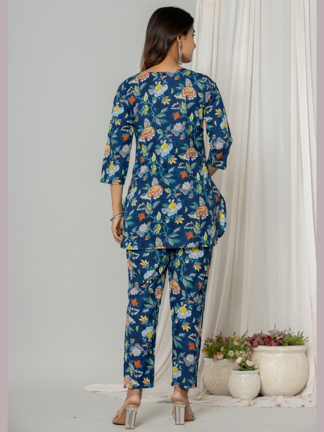 Floral Print Pure Cotton Lounge Set - Blue