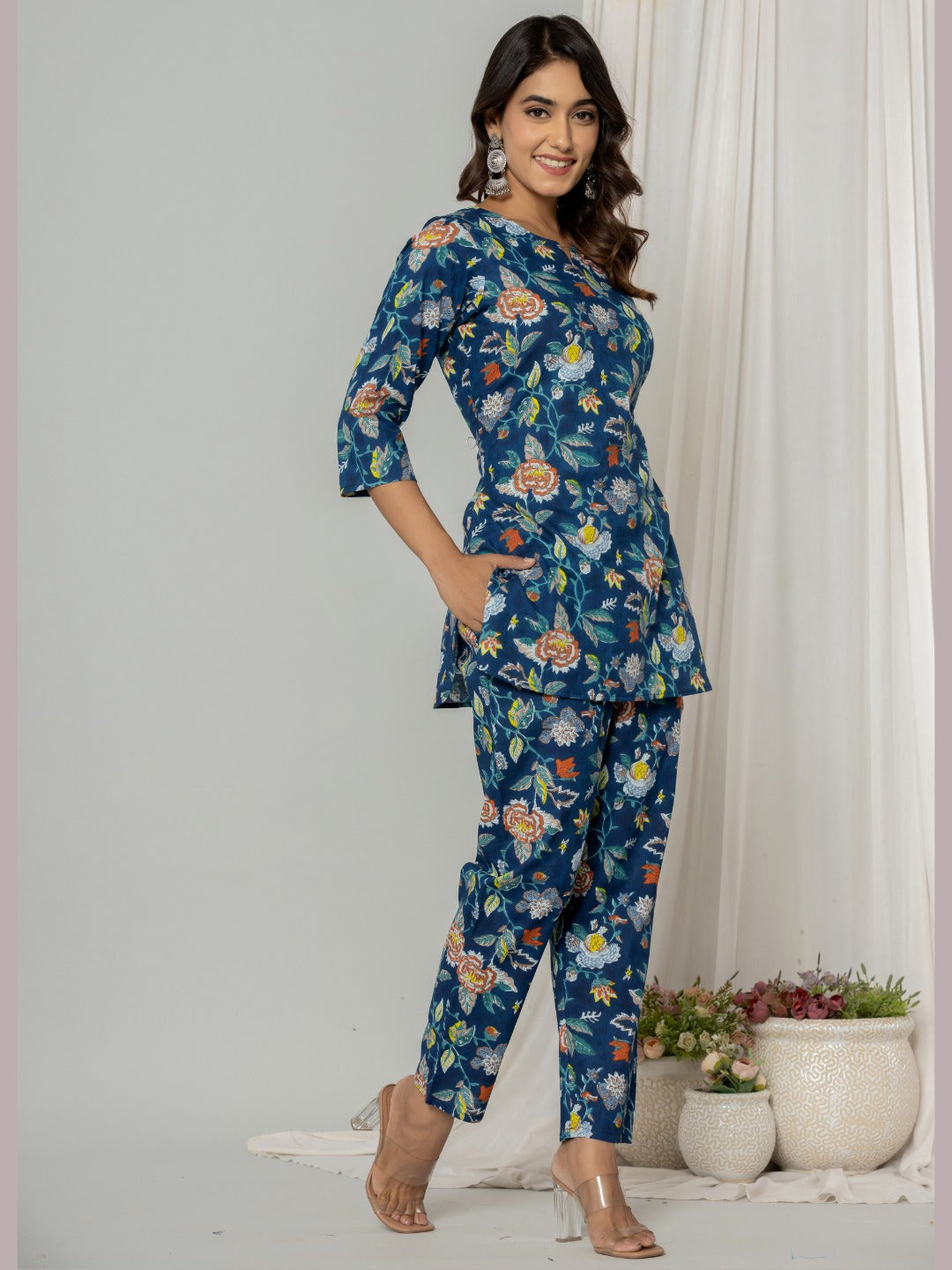 Floral Print Pure Cotton Lounge Set - Blue