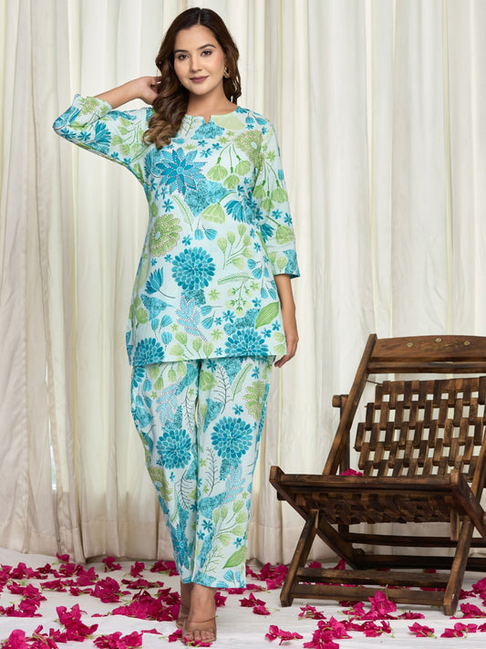 Floral Print Pure Cotton Lounge Set  - Blue Multi