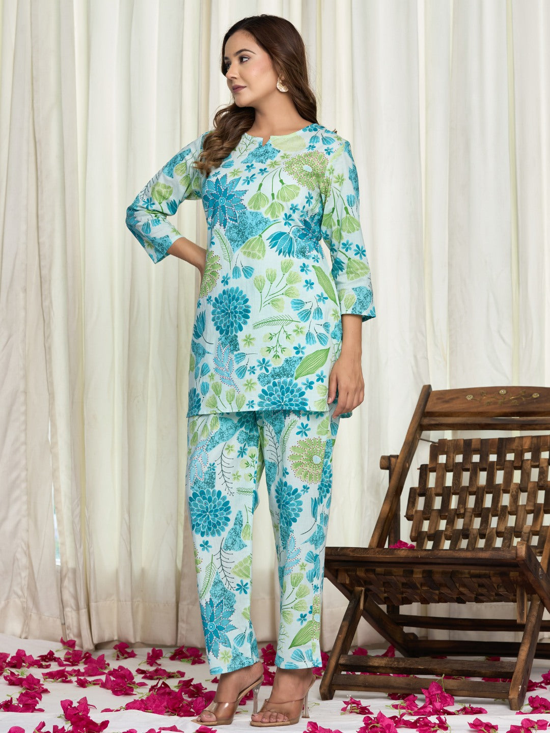Floral Print Pure Cotton Lounge Set - Blue Multi