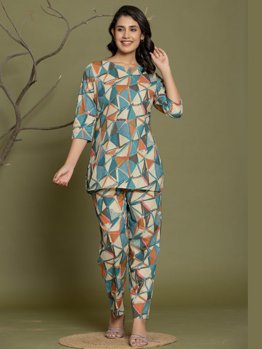 Geometric Abstract Print Pure Cotton Lounge Set  - Coffee