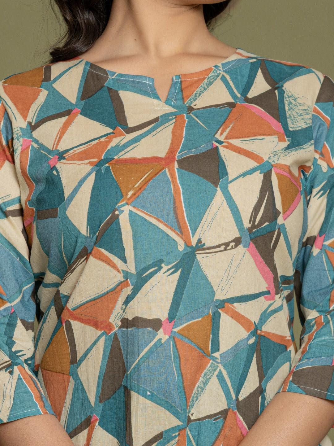 Geometric Abstract Print Pure Cotton Lounge Set - Coffee