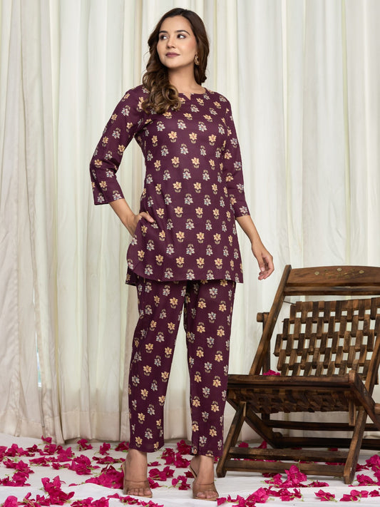 Floral Ethnic Print Pure Cotton Lounge Set  - Dark Purple