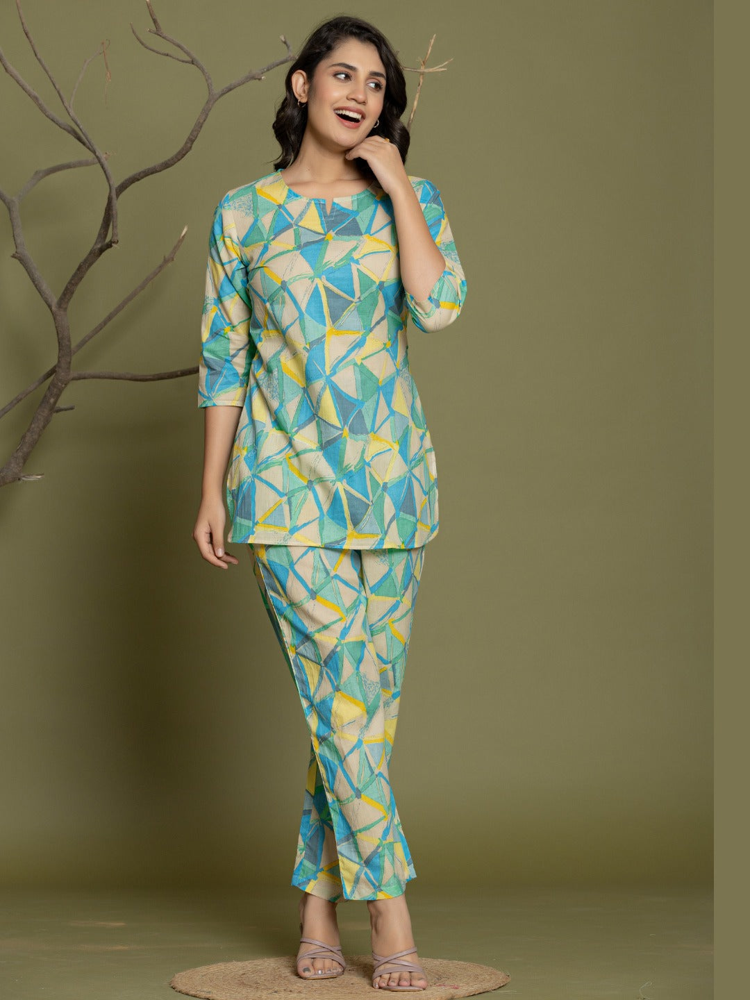 Geometric Abstract Print Pure Cotton Lounge Set  - Multi