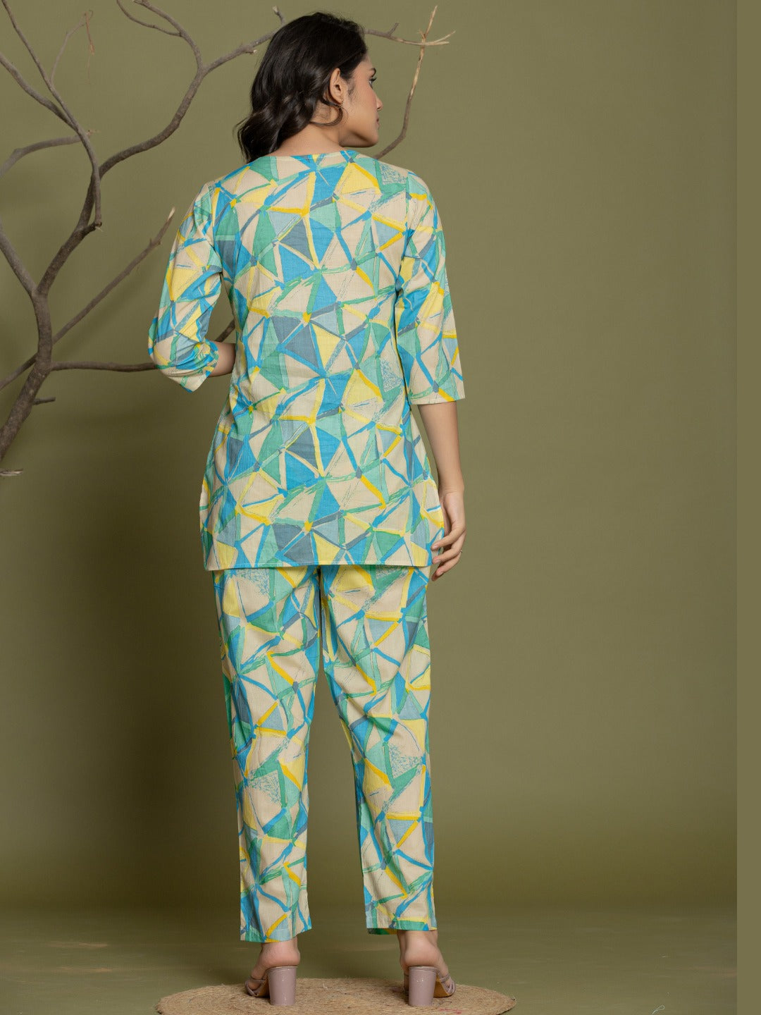 Geometric Abstract Print Pure Cotton Lounge Set  - Multi