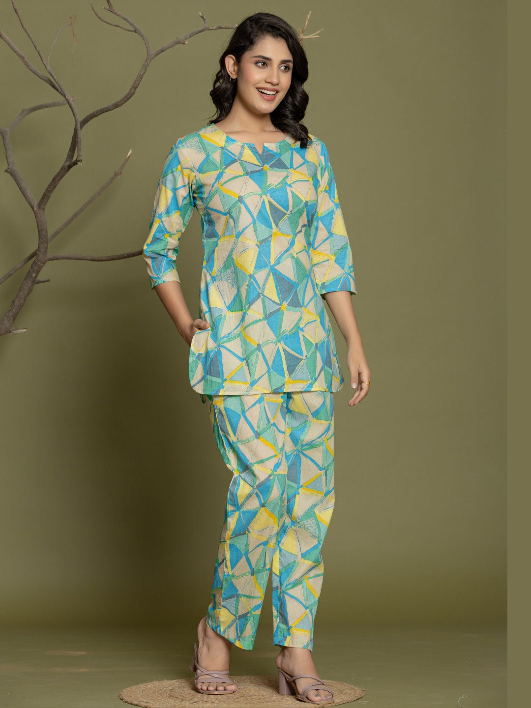 Geometric Abstract Print Pure Cotton Lounge Set  - Multi