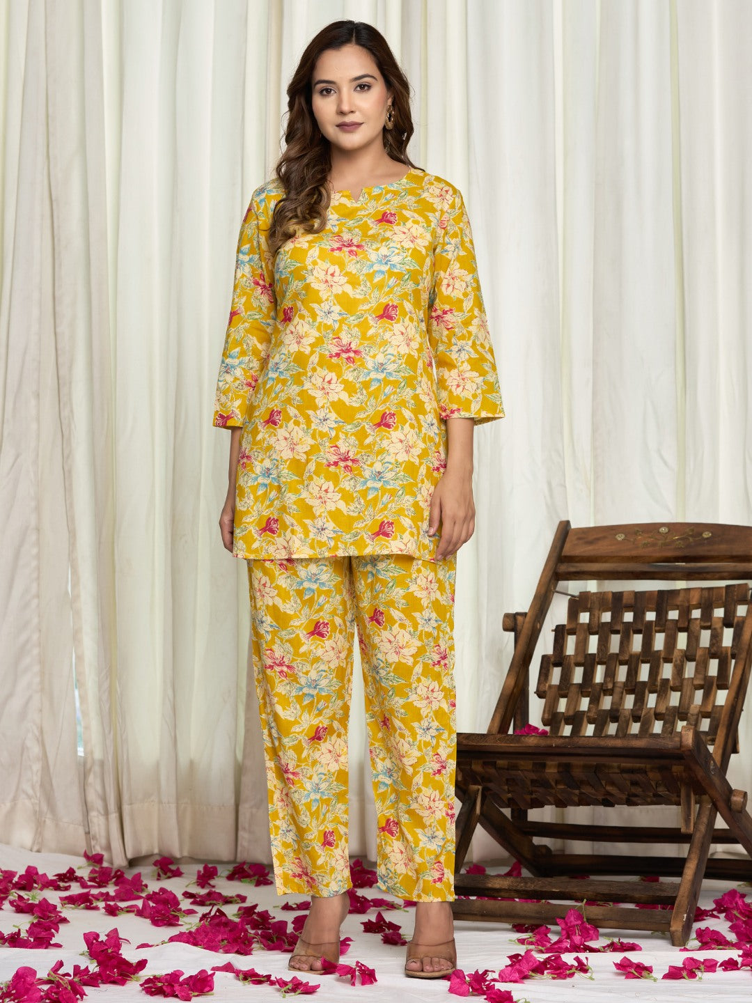 Floral Print Pure Cotton Lounge Set - Yellow