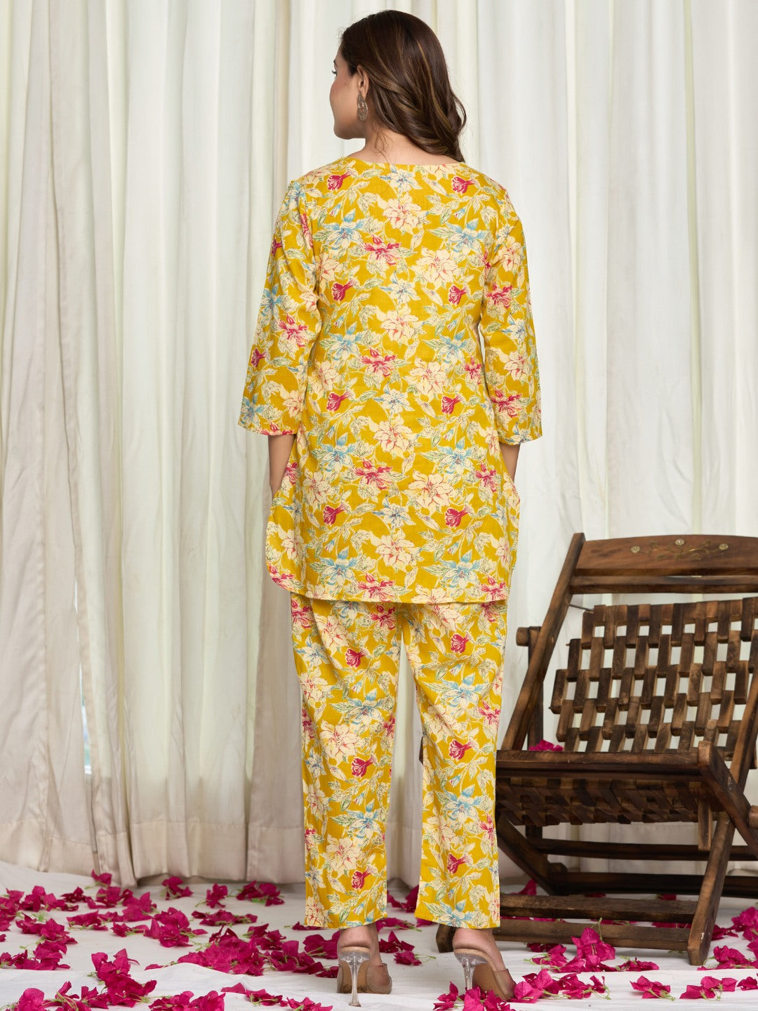 Floral Print Pure Cotton Lounge Set - Yellow