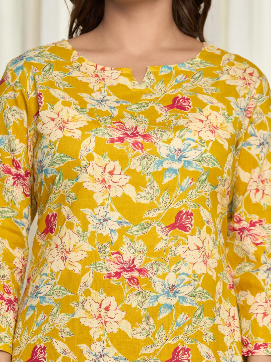 Floral Print Pure Cotton Lounge Set - Yellow