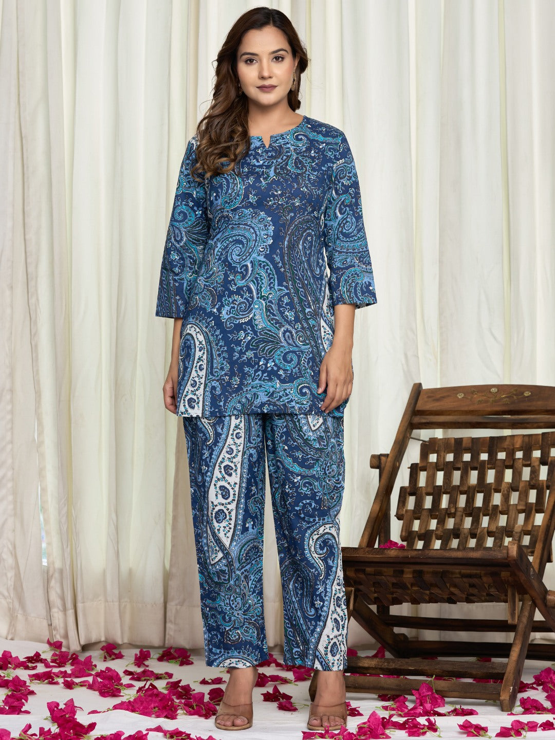 Floral Ethnic Print Pure Cotton Lounge Set - Blue
