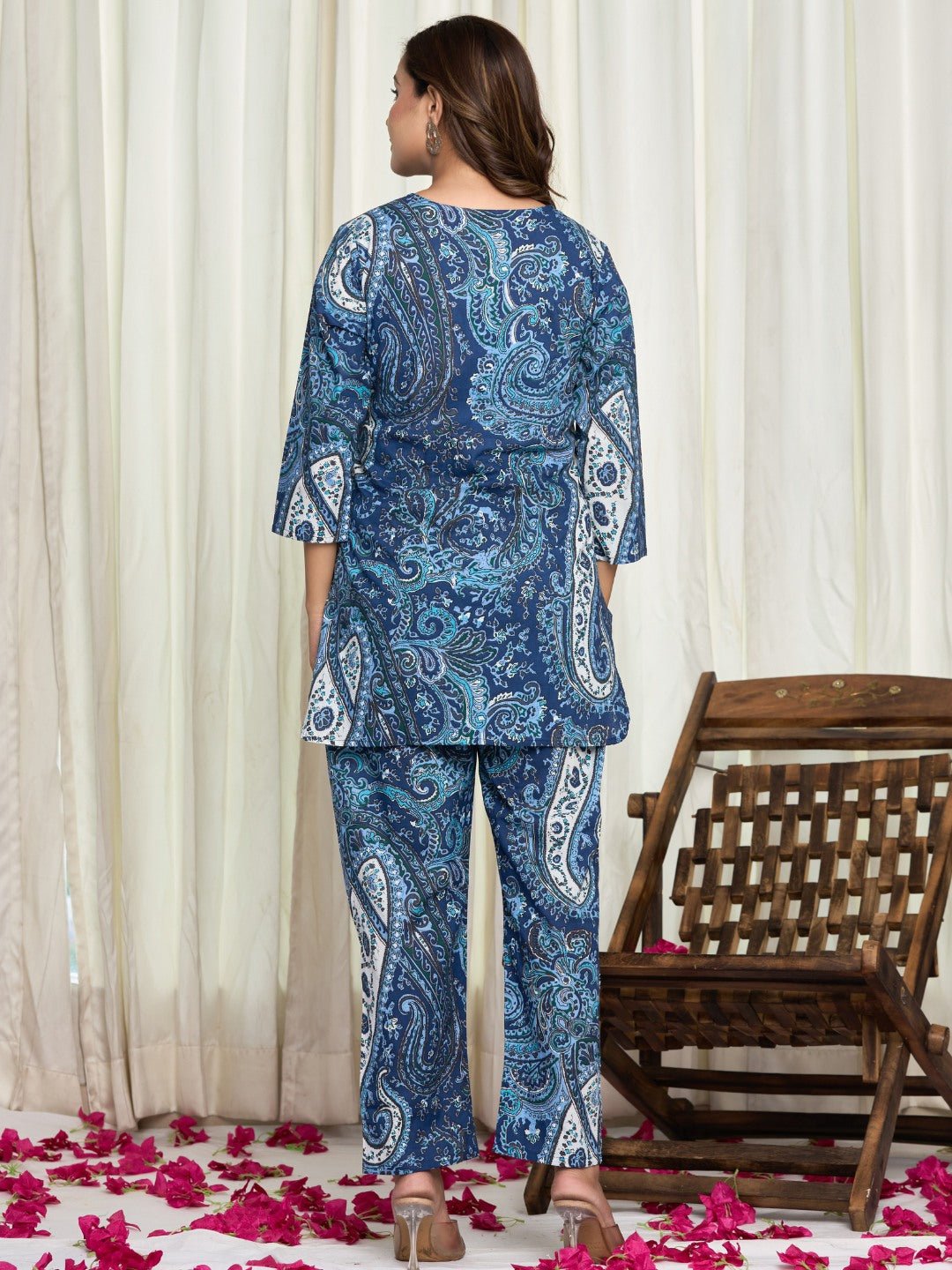 Floral Ethnic Print Pure Cotton Lounge Set - Blue