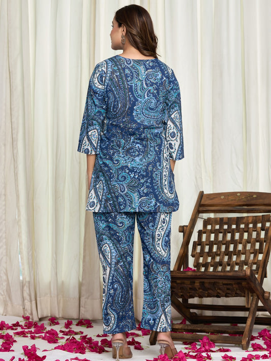 Floral Ethnic Print Pure Cotton Lounge Set - Blue