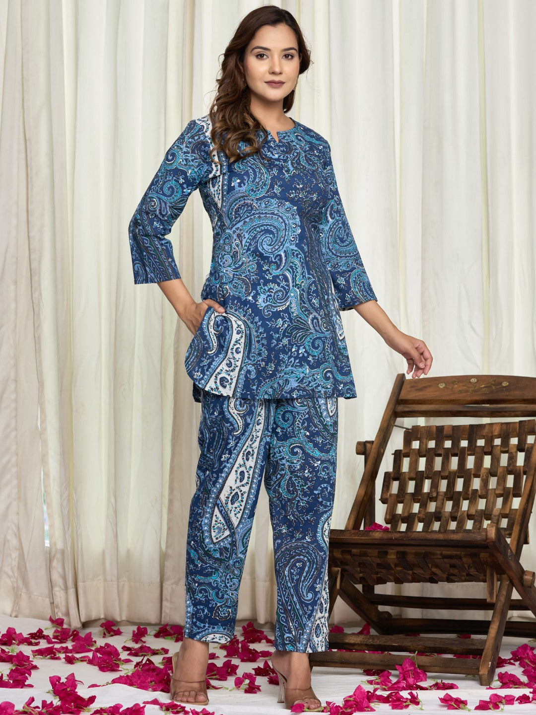 Floral Ethnic Print Pure Cotton Lounge Set - Blue