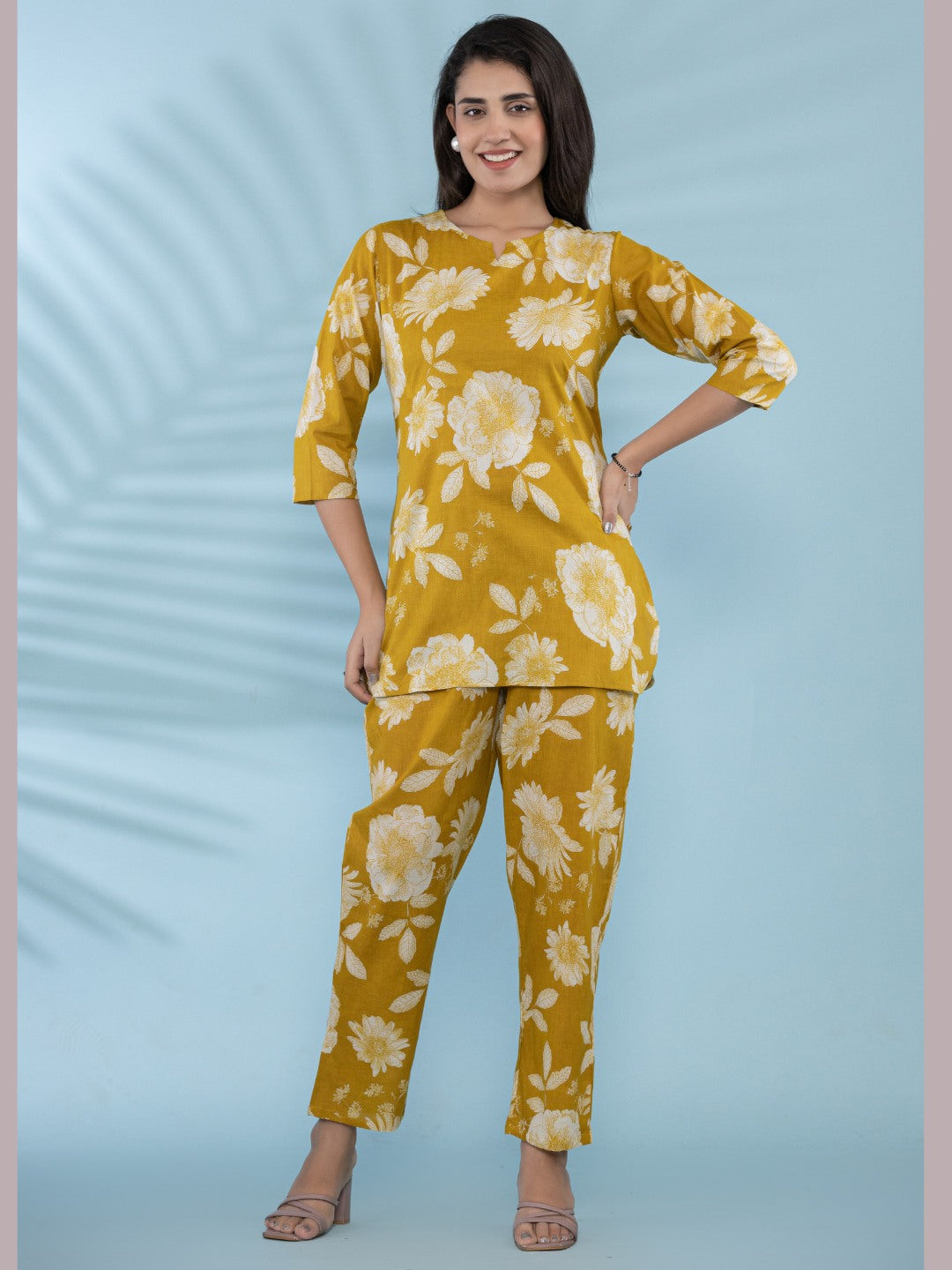 Floral Print Pure Cotton Lounge Set  - Mustard