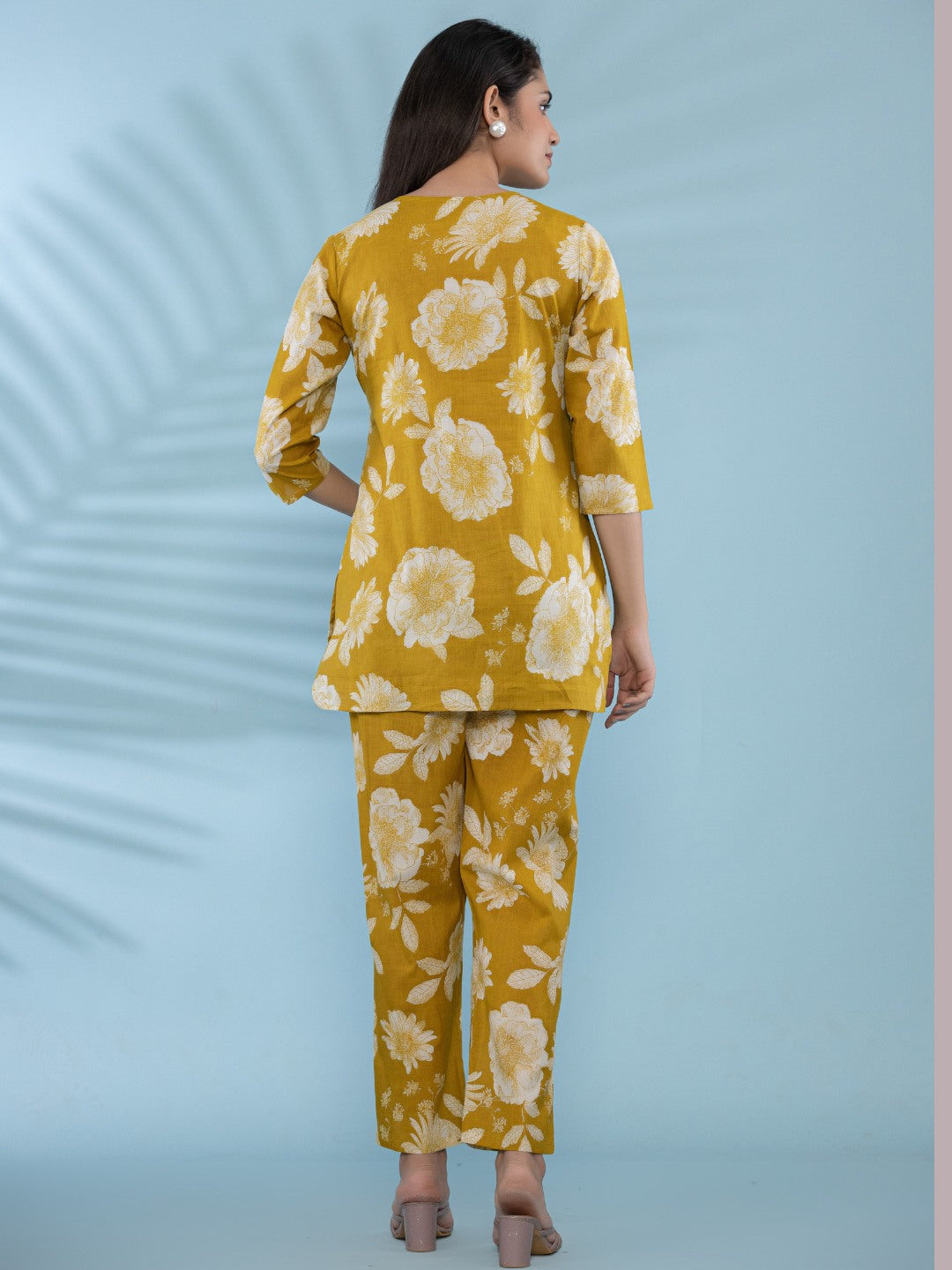 Floral Print Pure Cotton Lounge Set  - Mustard