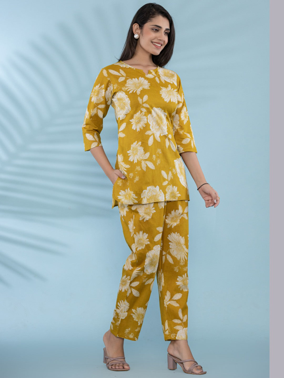 Floral Print Pure Cotton Lounge Set  - Mustard