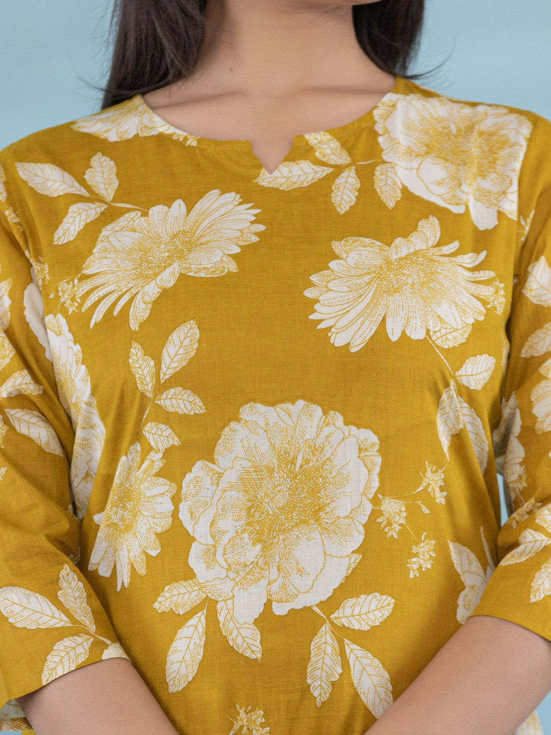 Floral Print Pure Cotton Lounge Set  - Mustard