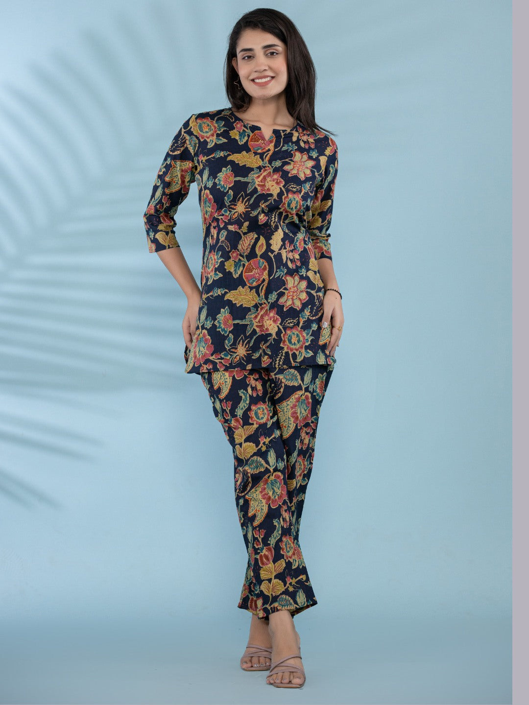 Floral Print Pure Cotton Lounge Set  - Navy
