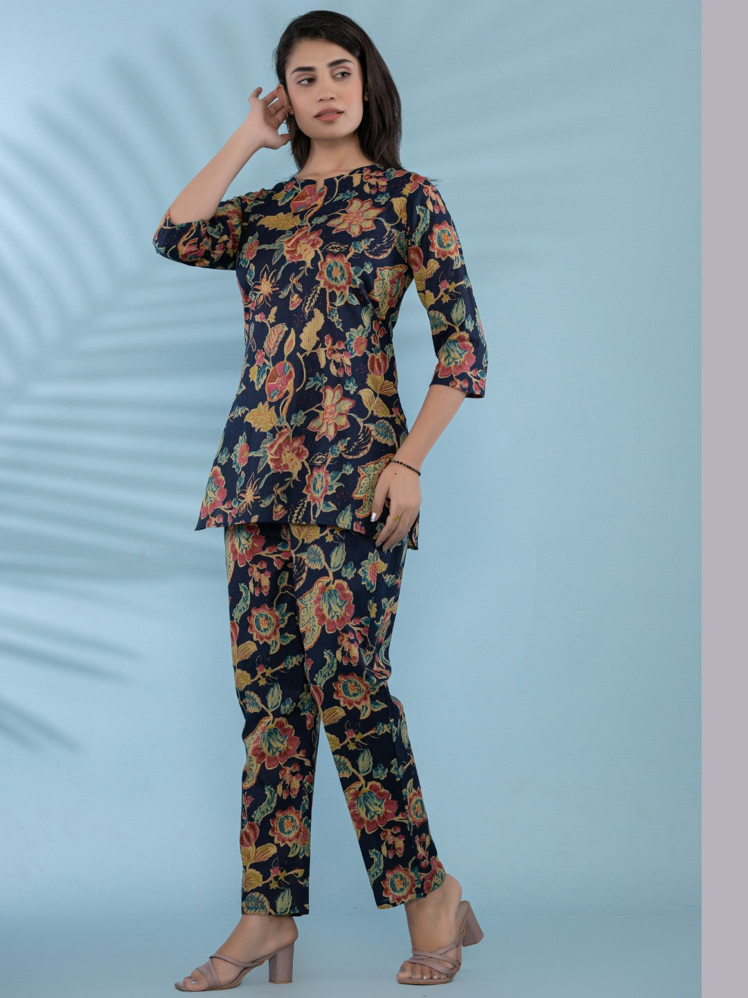 Floral Print Pure Cotton Lounge Set  - Navy