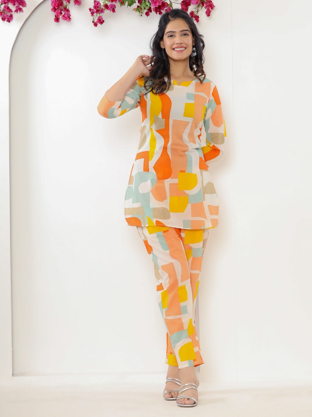 Abstract Print Pure Cotton Lounge Set - Orange