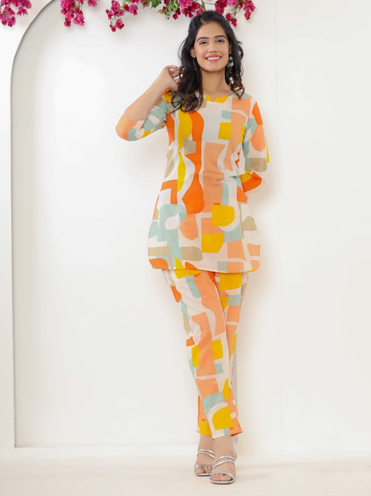 Abstract Print Pure Cotton Lounge Set - Orange