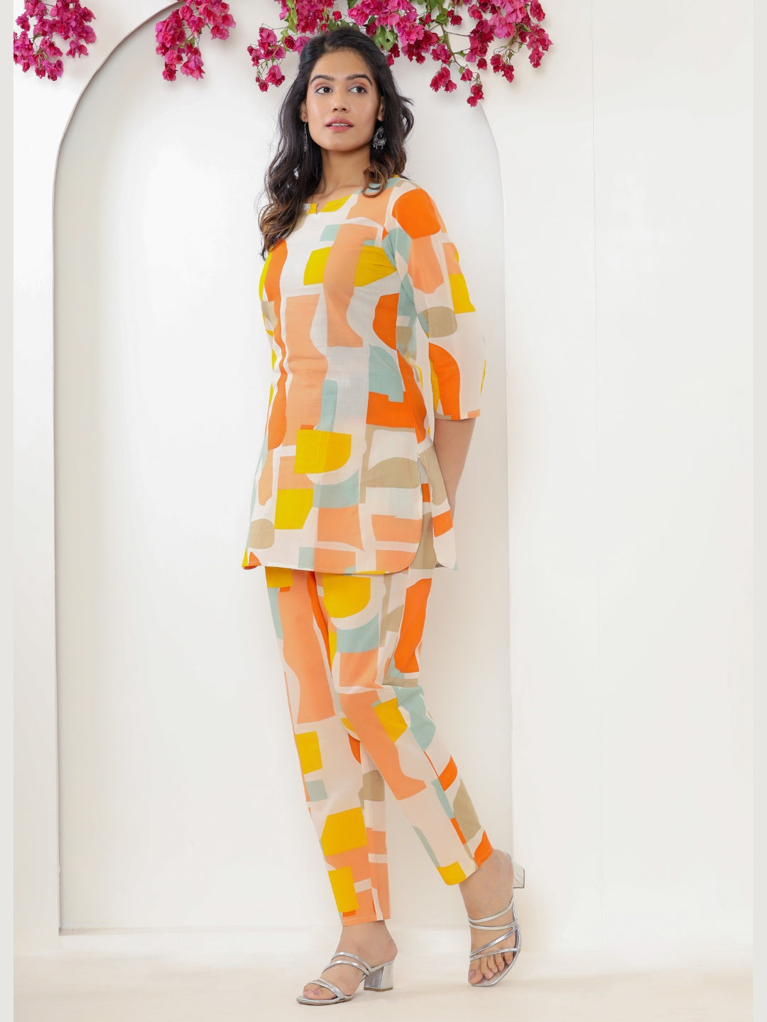 Abstract Print Pure Cotton Lounge Set - Orange