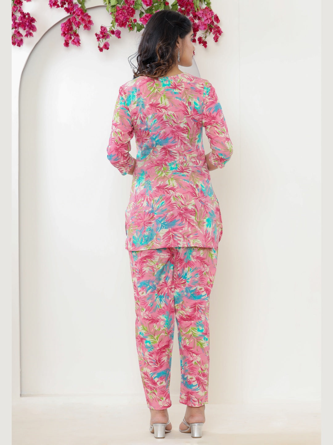 Colorful Leafy Print Pure Cotton Lounge Set - Pink