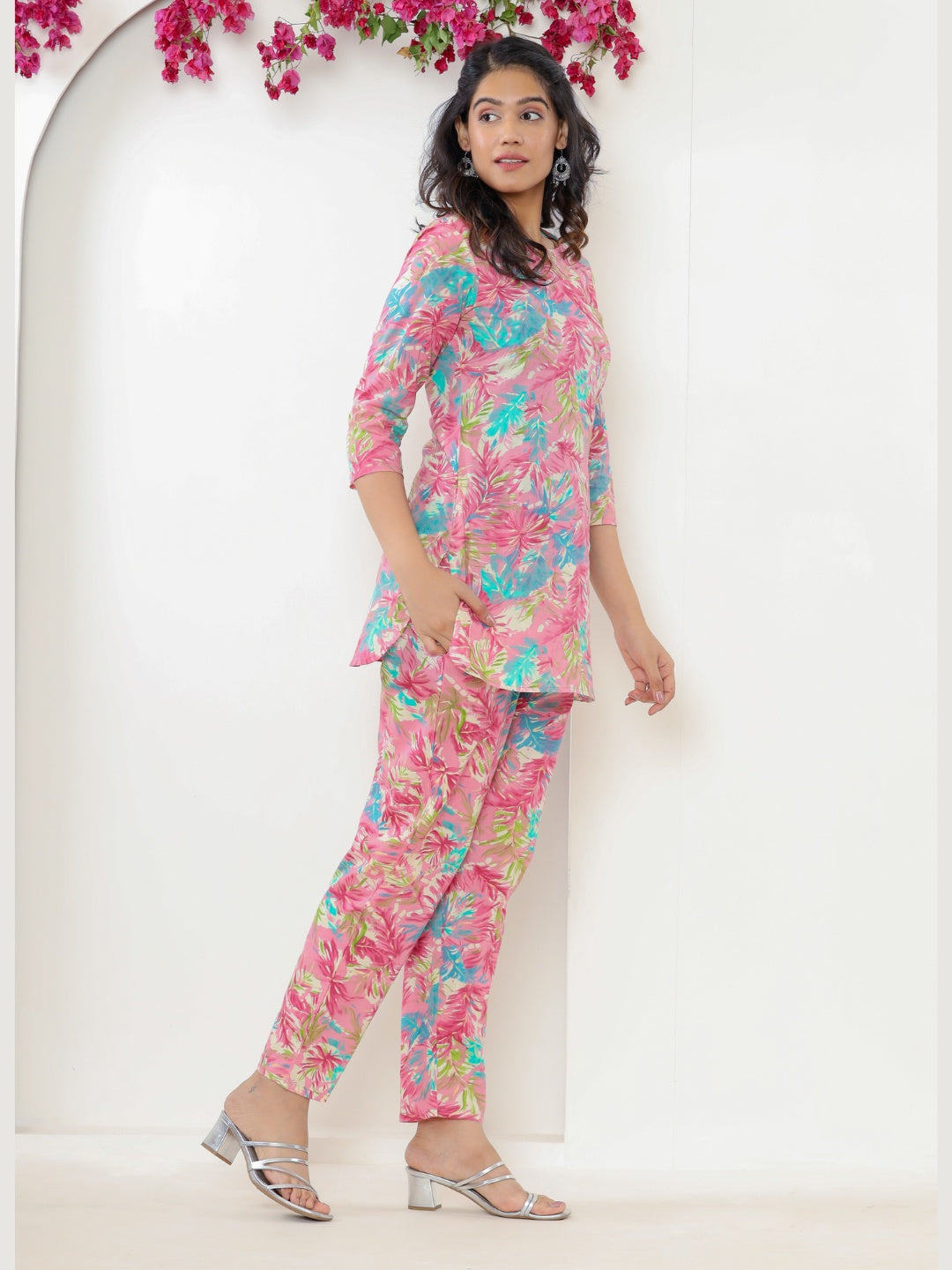 Colorful Leafy Print Pure Cotton Lounge Set - Pink