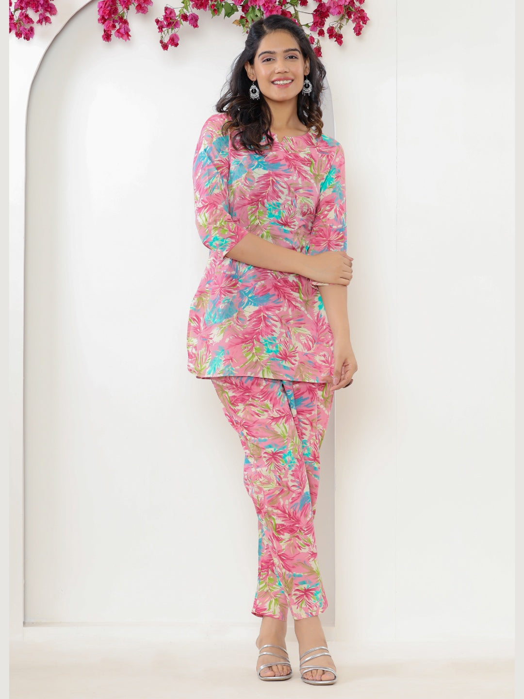 Colorful Leafy Print Pure Cotton Lounge Set - Pink