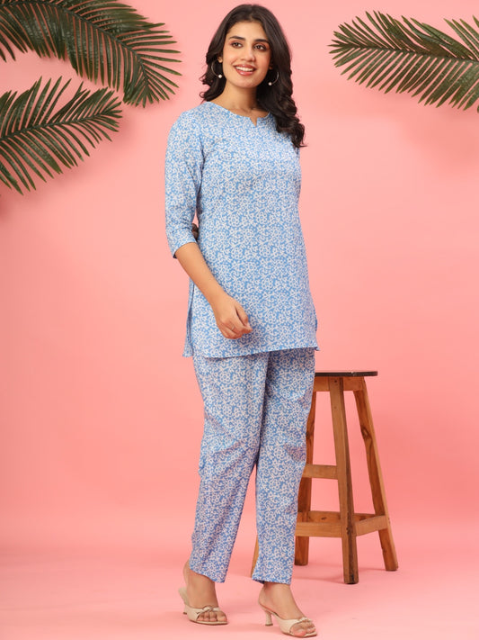 Sky Blue Serenity Floral Pure Cotton Co-ord Set