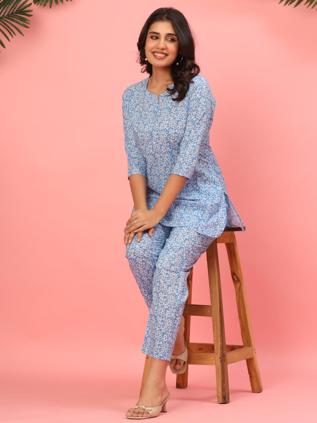 Sky Blue Serenity Floral Pure Cotton Co-ord Set