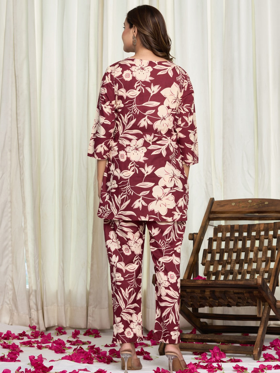 Floral Print Pure Cotton Lounge Set - Wine