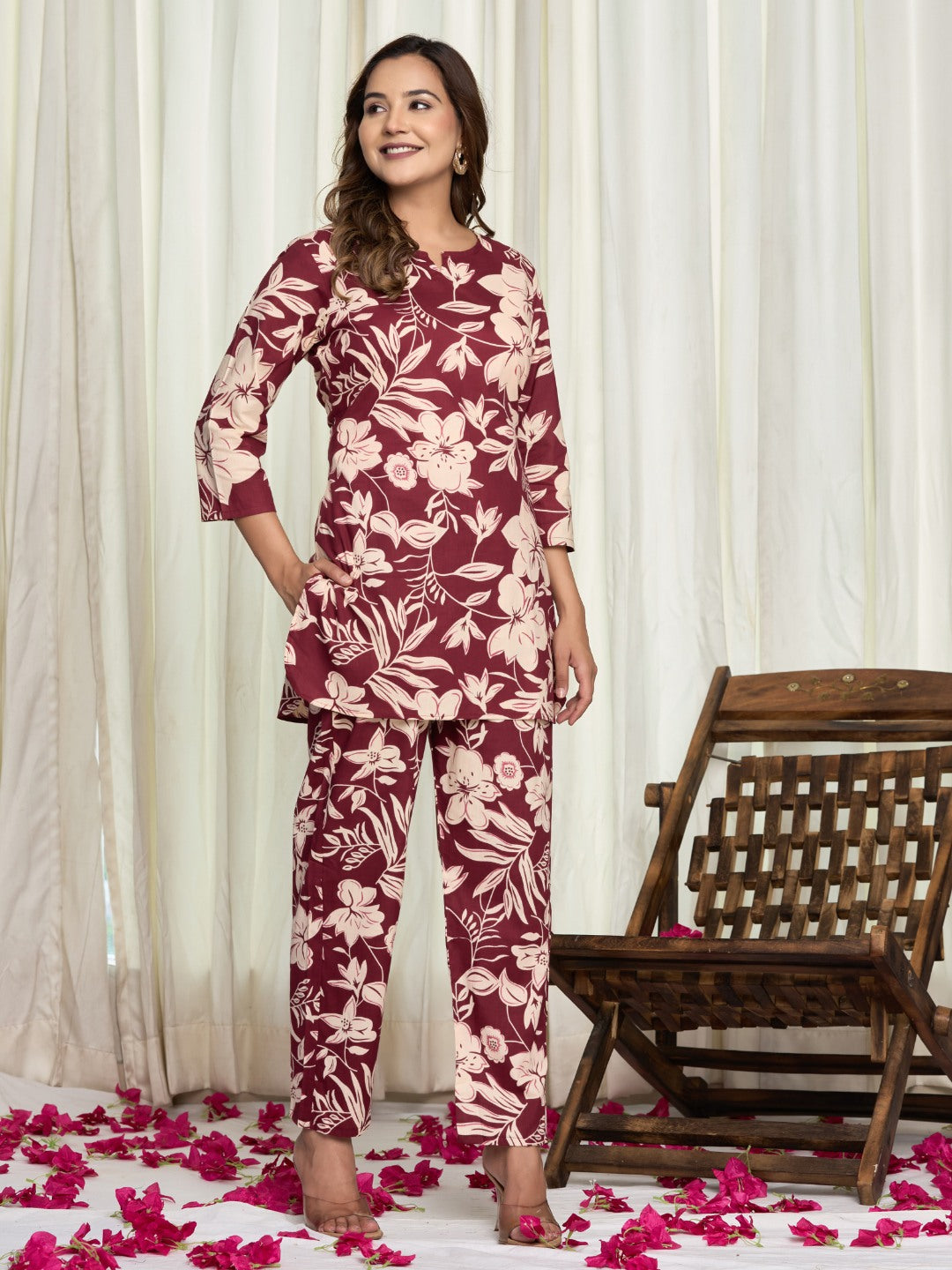 Floral Print Pure Cotton Lounge Set - Wine