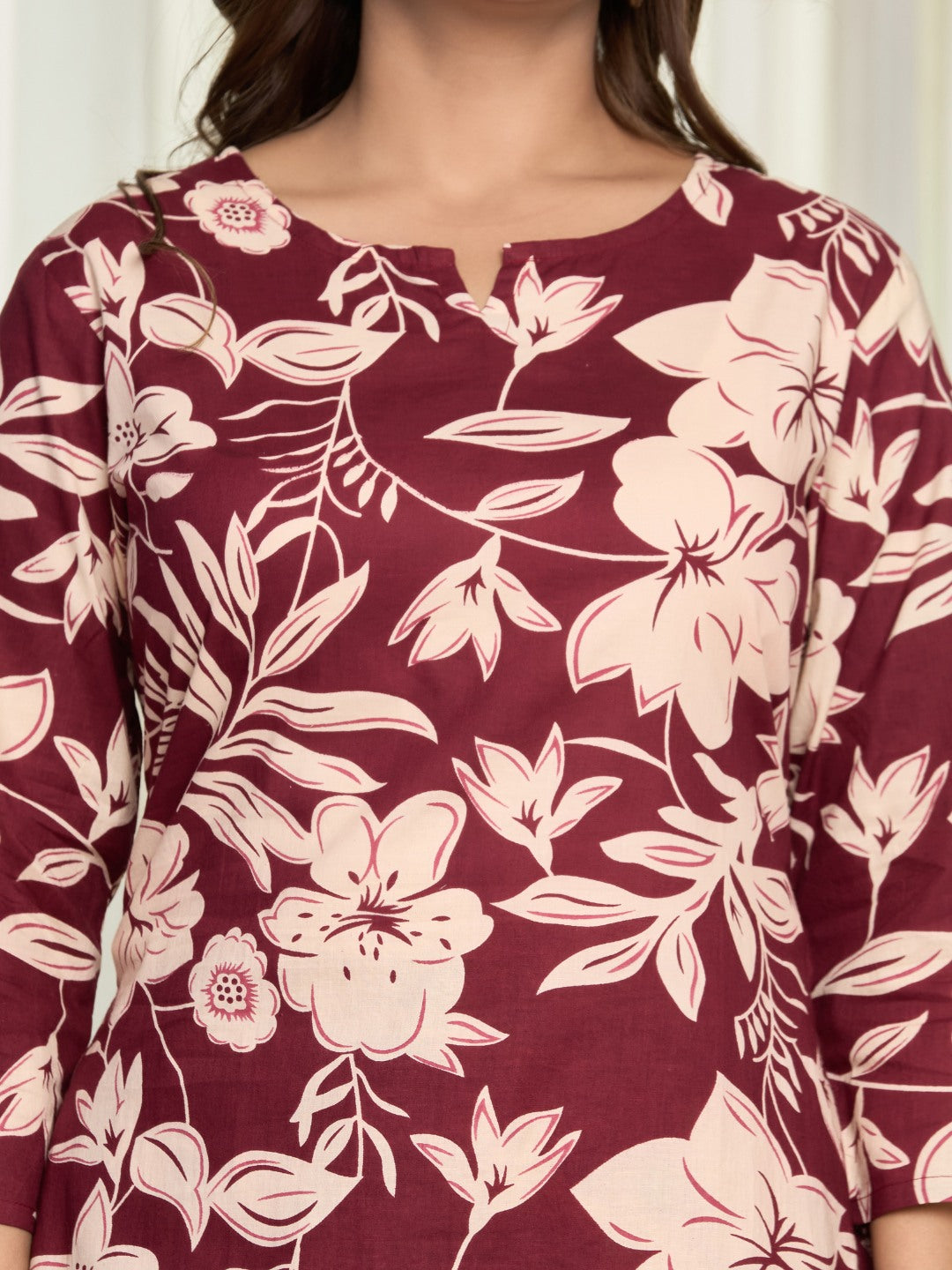 Floral Print Pure Cotton Lounge Set - Wine