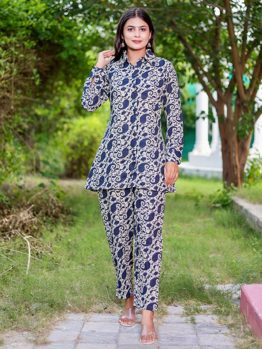 Katha Cotton Printed Collared Shirt Style Lounge Set - Indigo