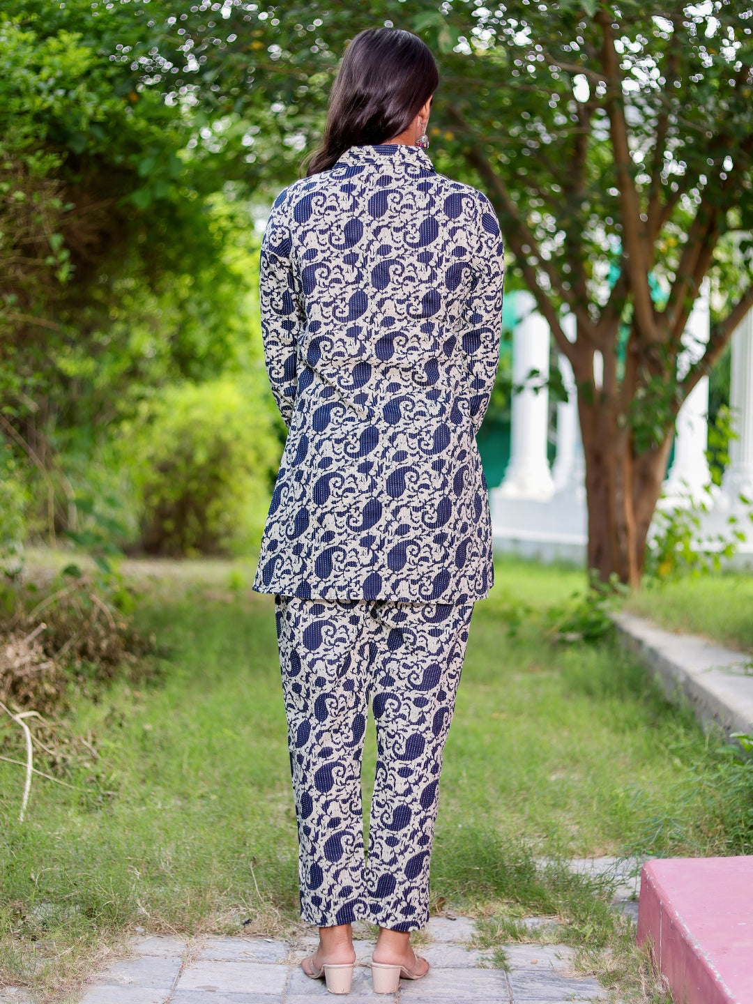 Katha Cotton Printed Collared Shirt Style Lounge Set - Indigo