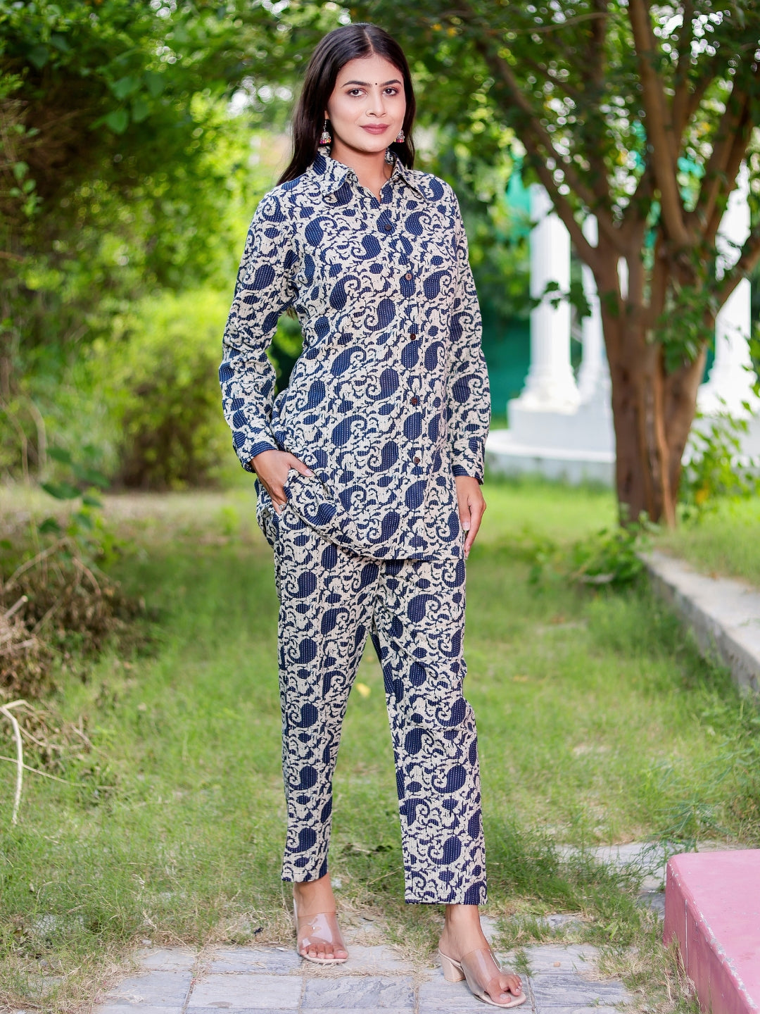 Katha Cotton Printed Collared Shirt Style Lounge Set - Indigo
