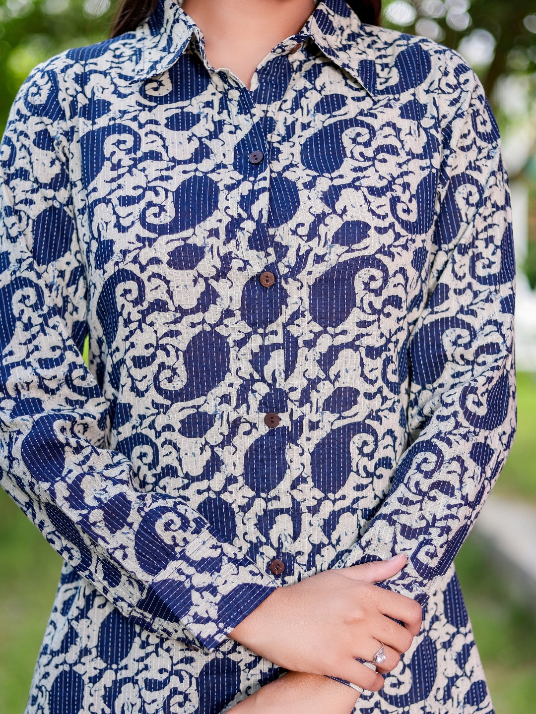 Katha Cotton Printed Collared Shirt Style Lounge Set - Indigo