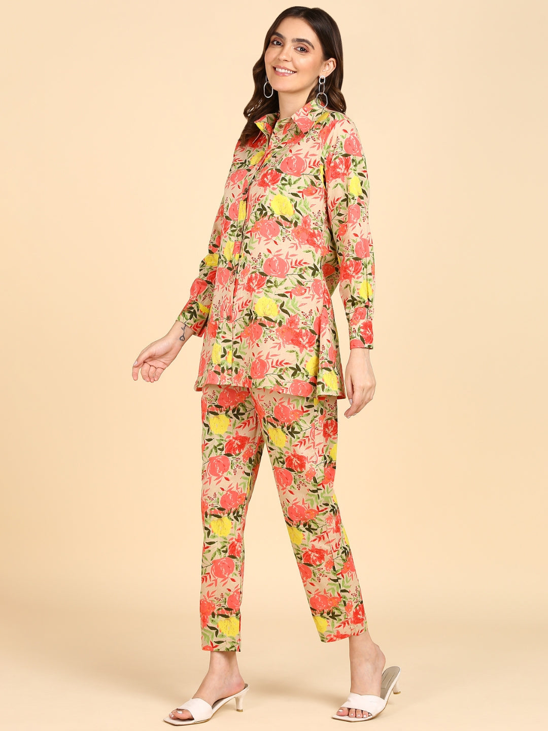 Pure Cotton Floral Print Shirt with Pants Co-ord Set - Peach