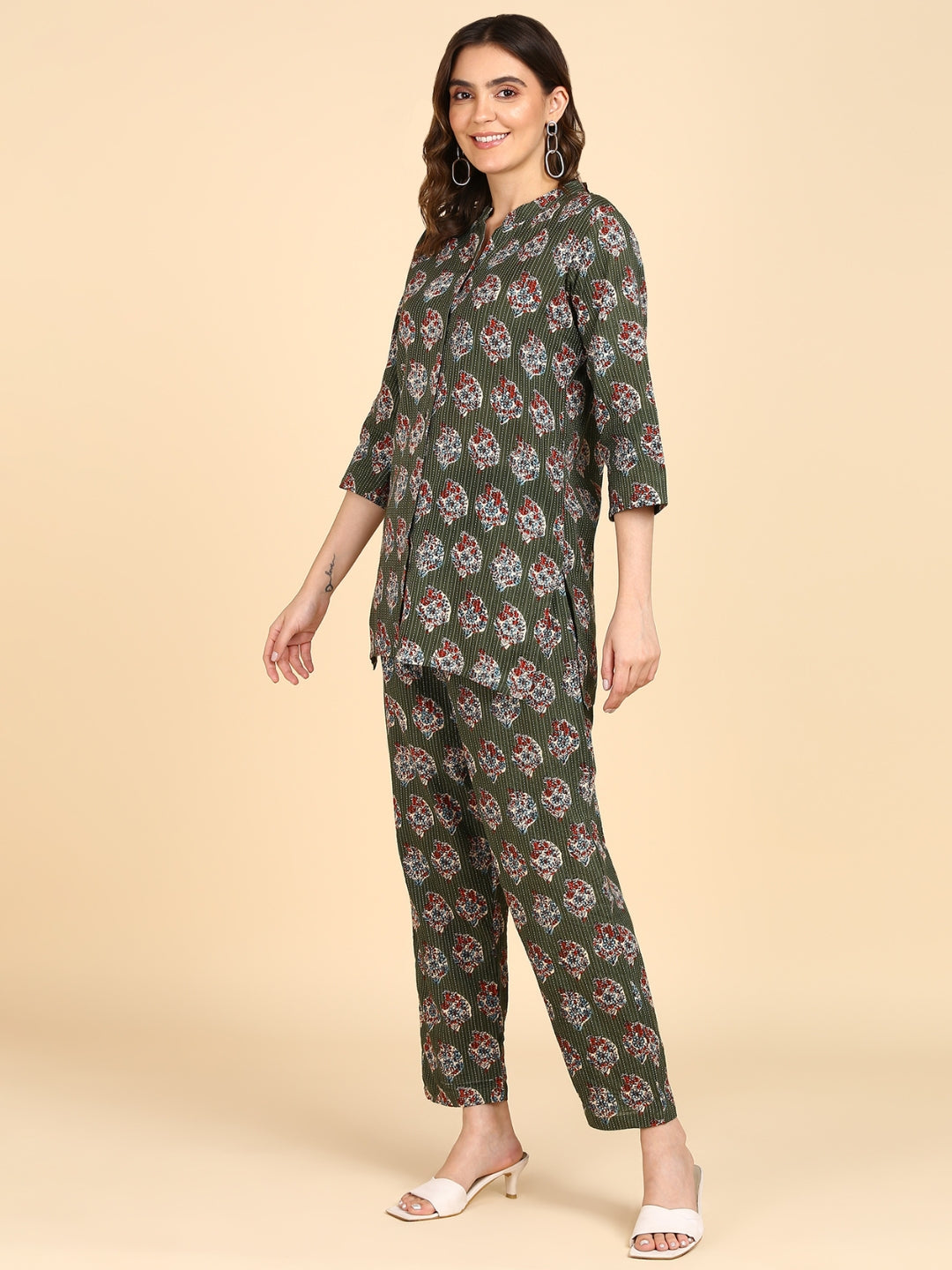 Cotton Floral Print Button Down Top with Pants Co-ord Set - Green