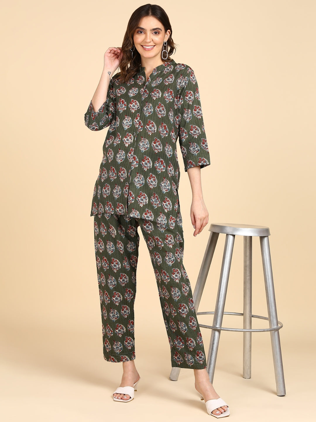 Cotton Floral Print Button Down Top with Pants Co-ord Set - Green