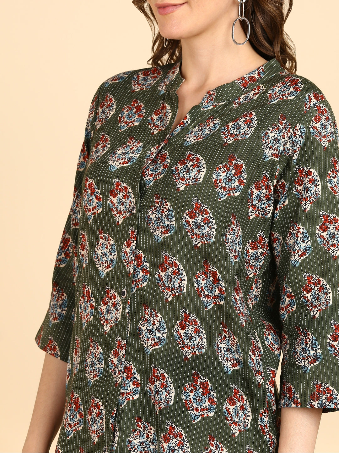 Cotton Floral Print Button Down Top with Pants Co-ord Set - Green