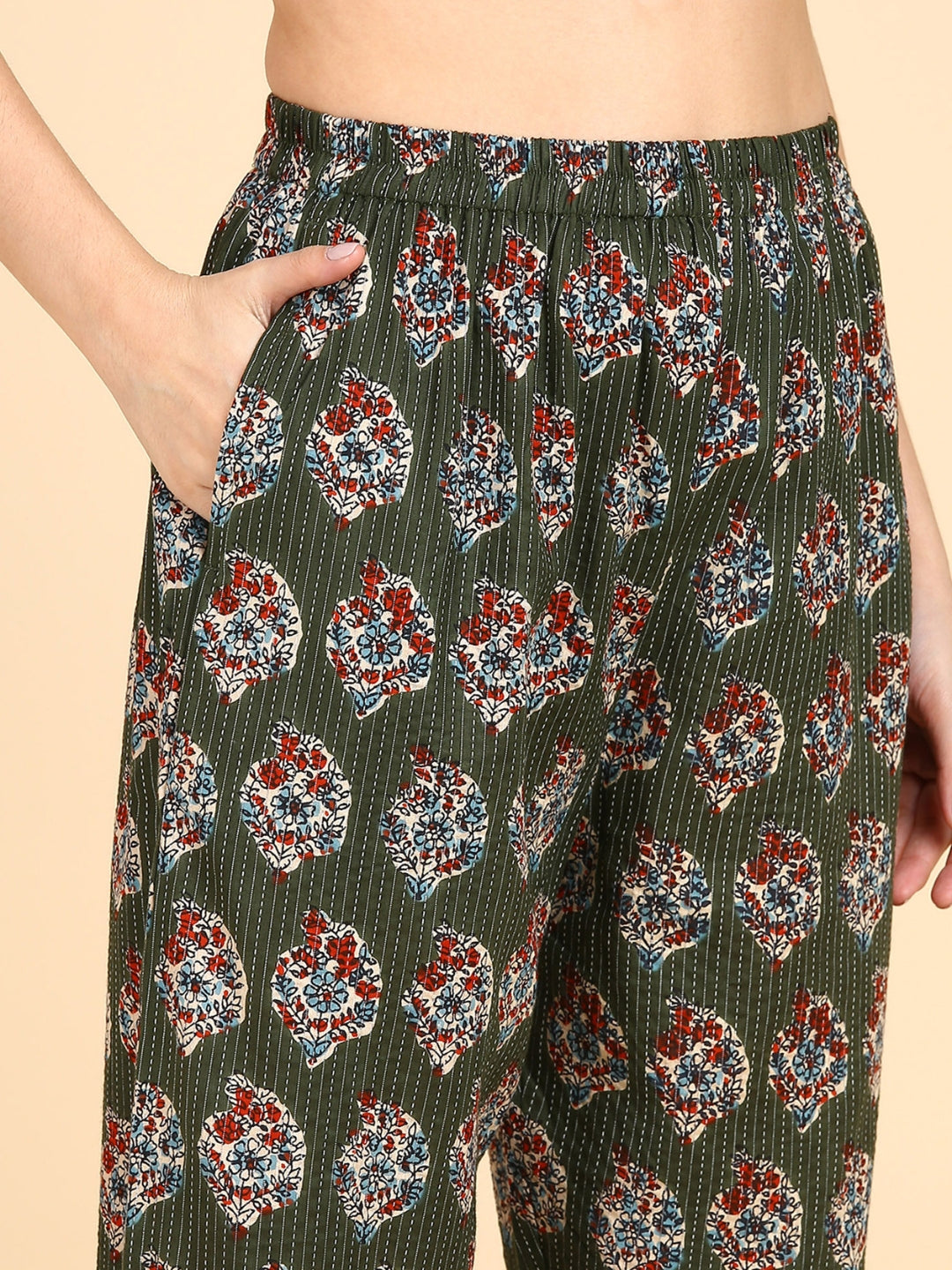 Cotton Floral Print Button Down Top with Pants Co-ord Set - Green